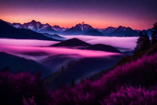 A Photograph capturing a serene mountainscape at twilight, painted in vibrant hues of pink and purple amidst a blanket of mist and rejuvenating coolness.
