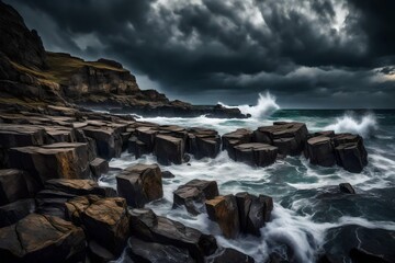 Picture a rocky coastline with waves crashing against the cliffs under a dramatic, stormy sky.