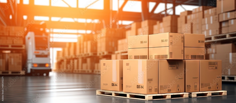 Poster palletized packaging boxes awaiting loading into cargo container cartons cardboard boxes delivery tr