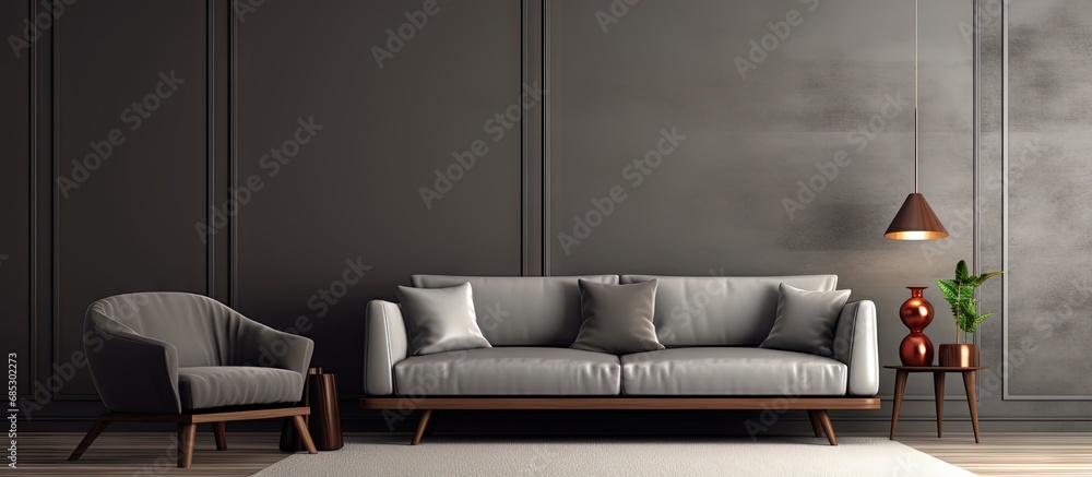 Poster spacious high end home with a gray midcentury loveseat copy space image