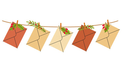 Flat vector cartoon illustration of kraft paper envelopes suspended on a rope with clothespins with Christmas decor. Isolated design on a white background.