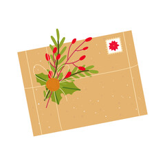 A flat vector cartoon illustration of a large festive paper envelope with a Christmas decor made of twigs, tied with a rope, with a seal and a stamp. Isolated design on a white background.