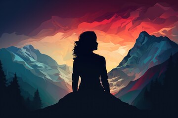 A silhouette of a woman in front of a mountain