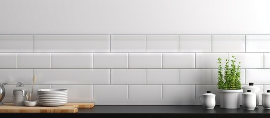 Fototapeta na wymiar Modern monochrome kitchen with subway tile backsplash copy space image