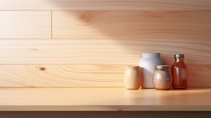 Fototapeta na wymiar An empty wooden shelf display on a loft UHd wallpaper