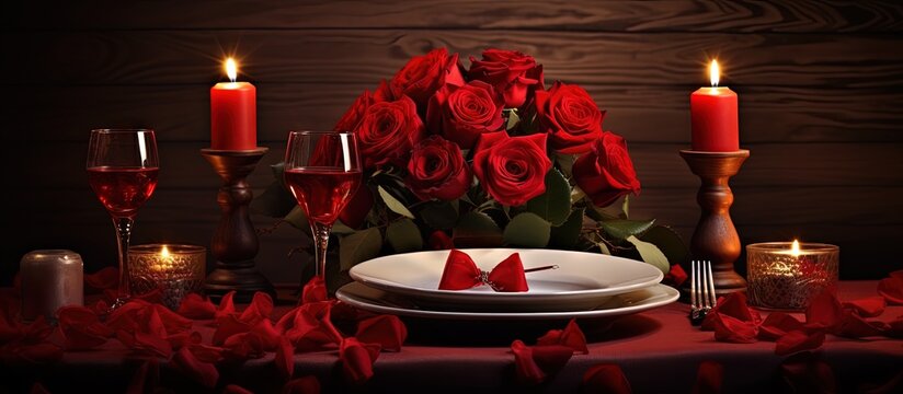 Romantic candlelit Valentine s dinner with a rose centerpiece copy space image