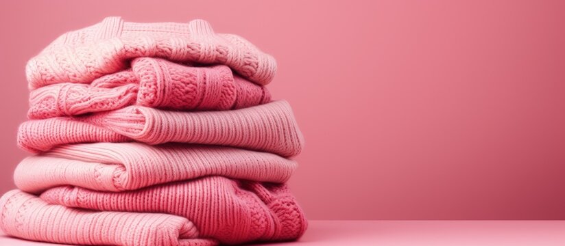 Pink knitted wool sweaters stacked on a pink background Fashionable and spacious copy space image