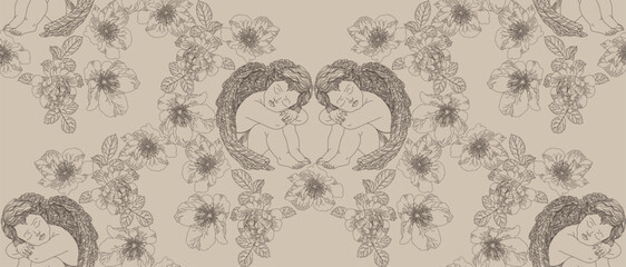 Pattern with angel and roses in vintage style
