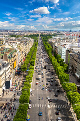 Panoramic aerial view of Paris and Avenue des Champs Elysees from Arc de Triomphe, France