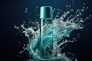 Transparent cosmetic bottle of tonic with water splash. - obrazy, fototapety, plakaty