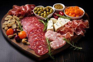 Richly adorned charcuterie board in the shape of heart overflowing with a selection of cured meats, chees, cherry tomatoes,fresh rosemary,olives.For sophisticated appetizer setting.Valentine's Day