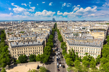 Panoramic aerial view of Paris from Arc de Triomphe in a sunny day, France