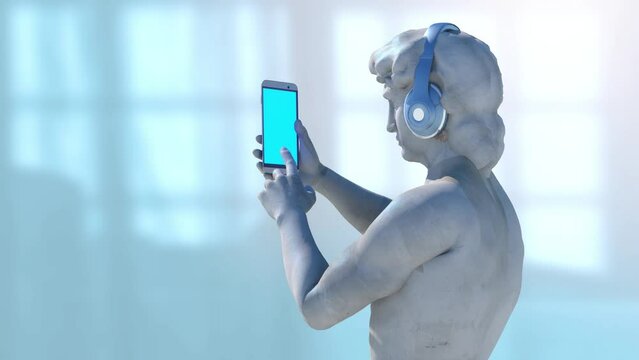 classic antique statue of David with a cellular smartphone phone in hand 3d render pop art style 