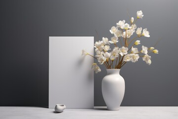 White flowers in a vase and a card