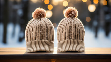 Two wool Hats for winter  Resting on a Wooden Table