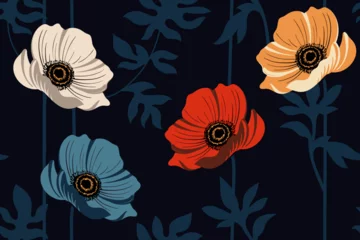 Foto op Aluminium Decorative large flowers on a black background. Seamless pattern. Beautiful stylized flowers, trendy style background. Repeating rapport, botanical wallpaper © sunny_lion