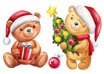Watercolor Teddy bear in Santa Claus hat, present and Christmas tree. Design for New Yea and for Christmas. Bears set