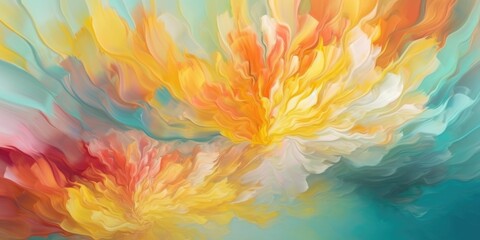 Fototapeta na wymiar Beautiful abstract coral, turquoise, and yellow impressionistic floral design background. beautiful Generative AI AIG32