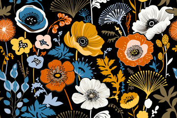 Decorative large flowers on a black background. Seamless pattern. Beautiful stylized flowers, trendy style background. Repeating rapport, botanical wallpaper - 685303473
