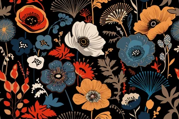 Fototapeten Decorative large flowers on a black background. Seamless pattern. Beautiful stylized flowers, trendy style background. Repeating rapport, botanical wallpaper © sunny_lion