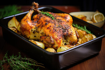Roasted chicken with herbs and spices in a baking dish