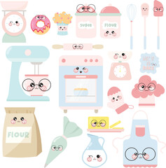 Vector set of cute baking and bakery clipart with kawaii emoji emoticon face elements