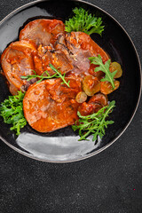beef tongue hot sauce fresh eating meal cooking appetizer food snack on the table copy space food background rustic top view