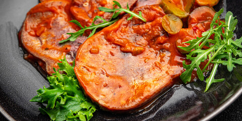 beef tongue hot sauce fresh eating meal cooking appetizer food snack on the table copy space food background rustic top view