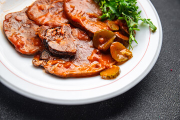 beef tongue hot sauce fresh eating meal cooking appetizer food snack on the table copy space food background rustic top view