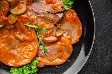 beef tongue hot sauce fresh eating meal cooking appetizer food snack on the table copy space food background rustic top view