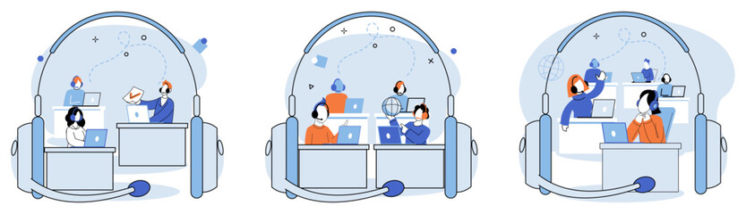 Call center hotline. Vector illustration. IT support is readily available through call center hotline for all technical issues Technology plays crucial role in functioning call center hotline