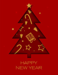Naklejka na ściany i meble Festive card for the New Year. Red Christmas tree in the style of cut out of paper on a red background. Vector illustration.