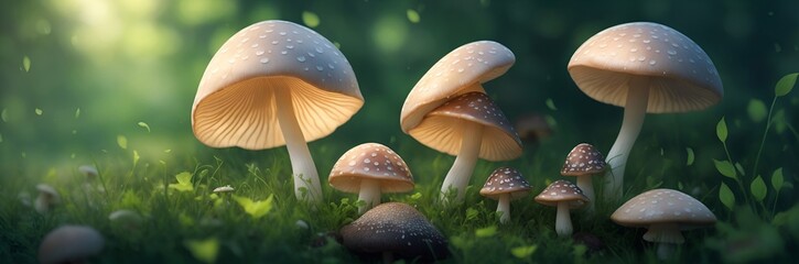 Fairy tale in mashrooms in the forest. AI generated illustration - obrazy, fototapety, plakaty