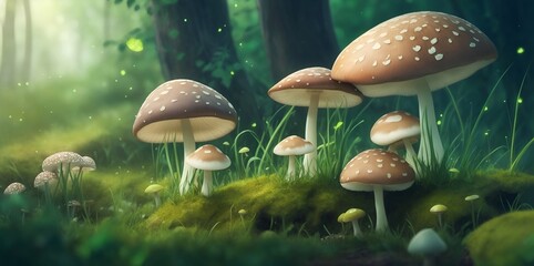 Fototapeta premium Fairy tale in mashrooms in the forest. AI generated illustration