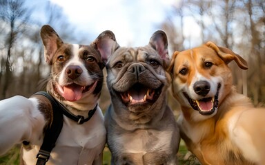 A group of dogs taking a selfie on a blurred background