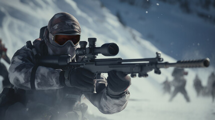 View of a Special forces soldier in action on a winter background. - obrazy, fototapety, plakaty
