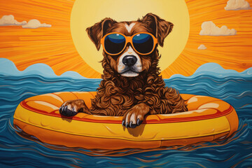Illustration of Summer Dog on a Raft Wearing Sunglasses