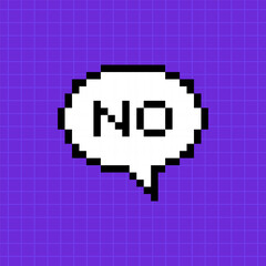 Obraz premium Pixelated dialog box with the inscription no on a bright purple background. Illustration in the style of an 8-bit retro game, controller.