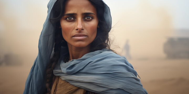 Natural portrait of a desert woman in blue litham