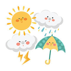 Fototapeta na wymiar Illustration of the funny cloud, umbrella and sun. Seasonal weather image