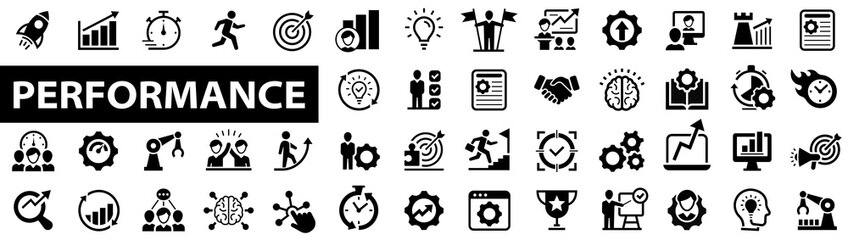 Performance web icon set. Editable stroke. Speed, improvements, power, charts, boost, business and leader symbols. Vector illustration - obrazy, fototapety, plakaty
