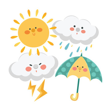 Illustration of the funny cloud, umbrella and sun. Seasonal weather image