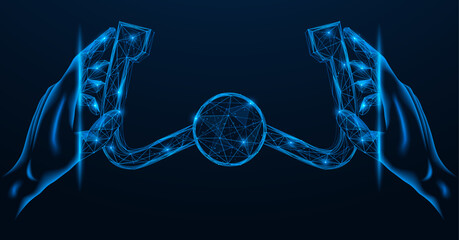 Autopilot, hands holding the steering wheel of the aircraft. Polygonal design of interconnected lines and points. Blue background.