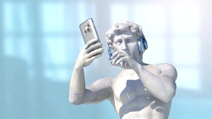 classic antique statue of David with a cellular smartphone phone in hand 3d render pop art style 