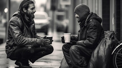 Black and white photo of passerby giving hot coffee to sad homeless man with old and messy clothes - obrazy, fototapety, plakaty