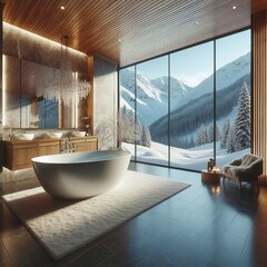 Luxurious, large and spacious bathroom, snowy mountains outside. Generative AI.