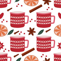 seamless pattern with mugs Hot mulled wine christmas vector