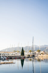 Fototapeta na wymiar Christmas tree stands on the pier near moored sailing yachts against the backdrop of the mountains. Porto, Montenegro