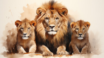 drawn with watercolor paints a family of 3 lions, daddy lion and 2 lion cubs, cute picture, poster