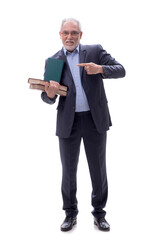 Old businessman holding books isolated on white